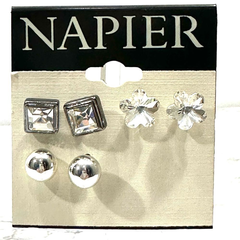 New Napier Brand set of 3 Stud Earrings Silver Balls Crystal Flower